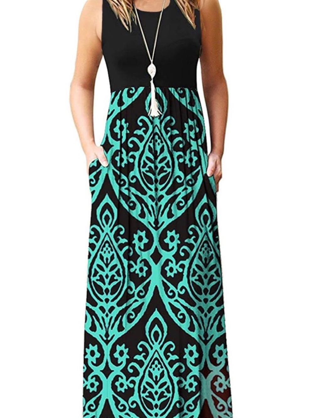 Sleeveless Black & Teal Printed Maxi Dress